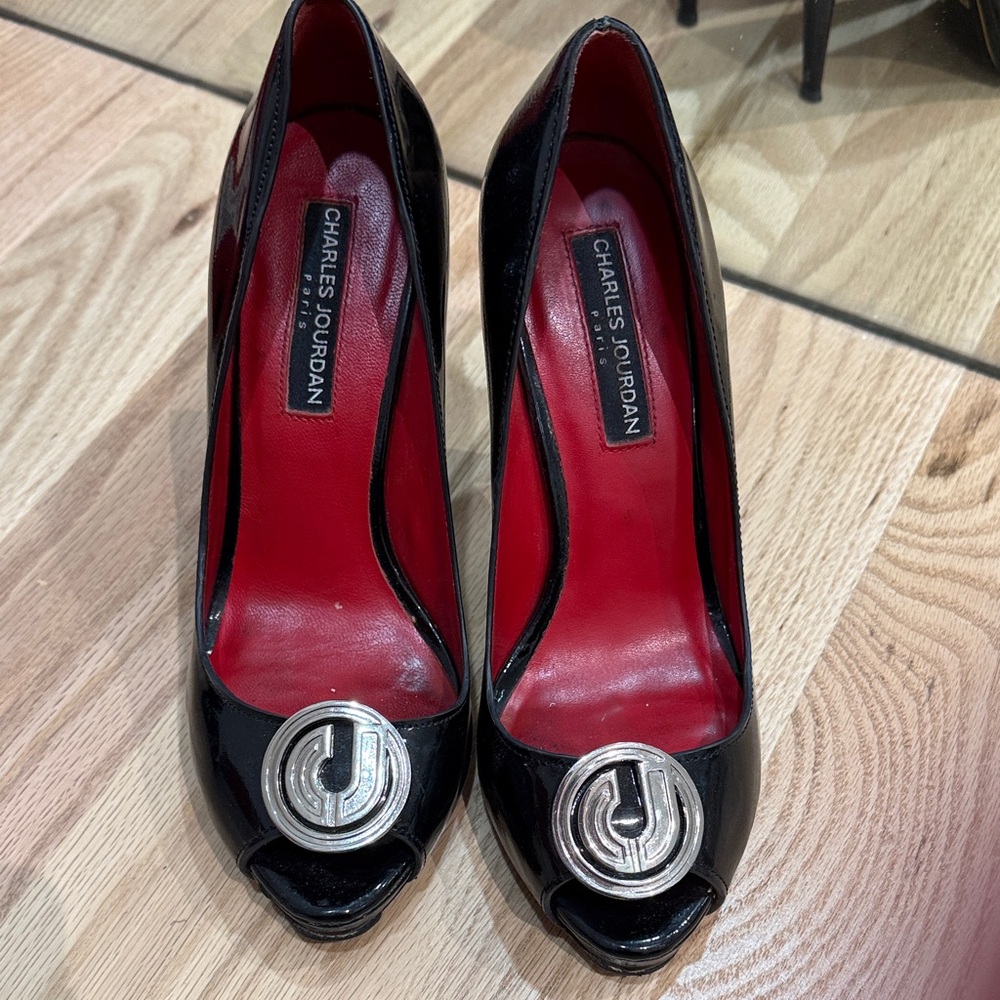 Charles Jourdan Black and Silver Peep Toe Heels